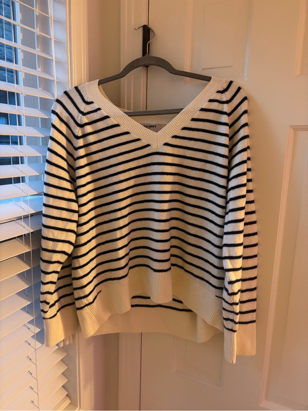 Old Navy Cream V-Neck Sweater with Black Stripes